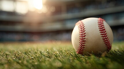 Baseball ball on green grass in stadium with sunlight in the background
