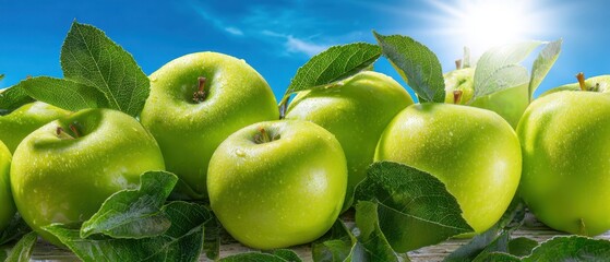 The Green Apples on a Sunlit Rustic Surface Creating Fresh Orchard Appeal
