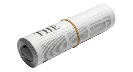Crisp, white newspaper roll secured with a tan rubber band against dark background,focus on text.