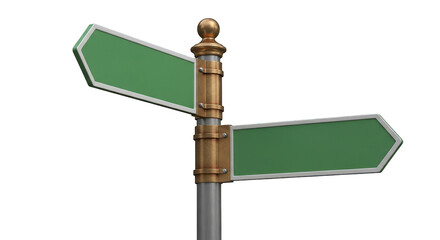 A detailed directional signpost with green blank signs on a silver pole and bronze accents.