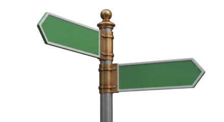 A detailed directional signpost with green blank signs on a silver pole and bronze accents.