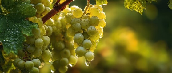The Grapes in Dewy Morning Light on a Lush Green Vine