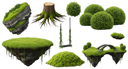 A collection of various mossy landscapes and structures creating a whimsical, nature-themed collage