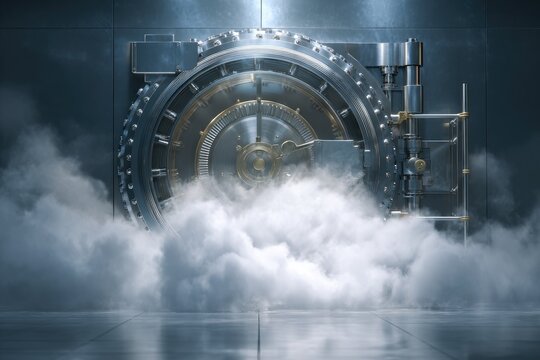 A massive metal vault door with intricate details, shrouded in ethereal clouds, set against a dark backdrop