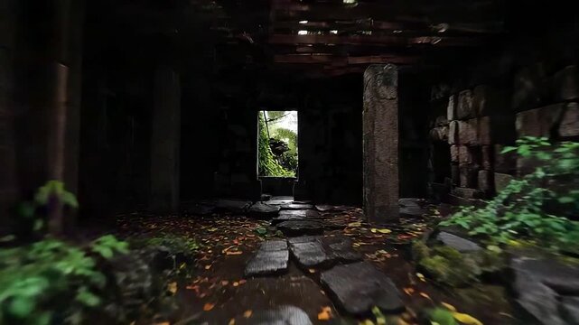 Dark Abandoned Building with Broken Floor and Green Plants near Bright Exit Doorway