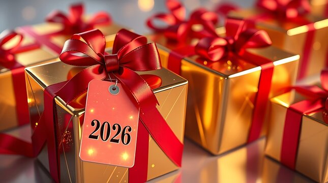Golden gifts with red ribbons and a 2026 tag, festive celebration.