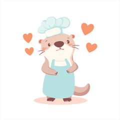 Cute otter chef wearing an apron and hat, surrounded by hearts