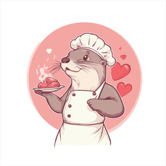 Cute otter chef serving food with love