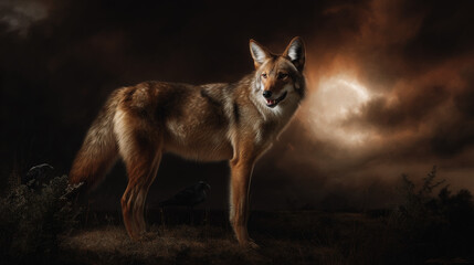 Majestic wild coyote standing under a dramatic cloudy sky at sunset.