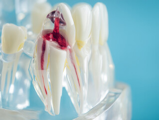 Detailed dental model showing tooth anatomy with nerves and pulp on a blue background.