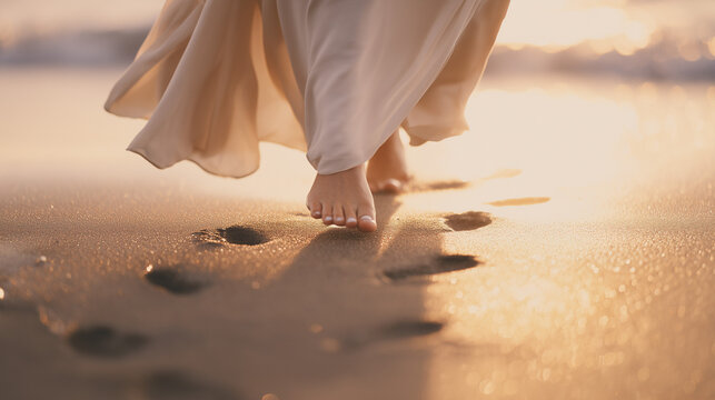 Barefoot woman walking along the beach at golden hour, leaving footprints in the sand.