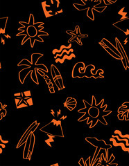 Summer seamless pattern design.Palm tree, surfboard, shark vector print. neon green blue background