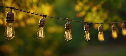 The vibrant string lights illuminating a serene outdoor setting at twilight.