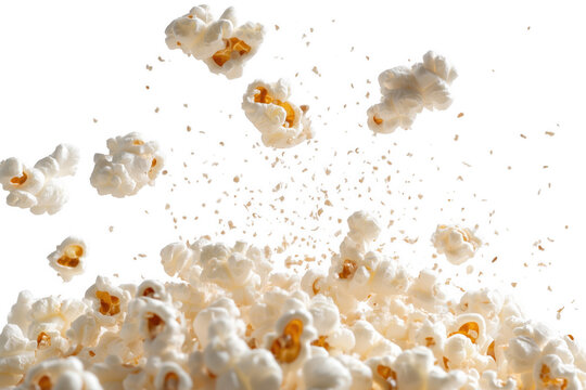 White popcorn exploding against black isolated on a transparent background