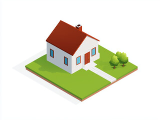 Isometric illustration of a small house with a red roof on a grassy plot.