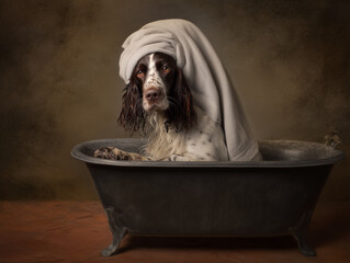 Cute dog wrapped in a towel sitting in an old-fashioned bathtub.