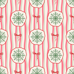 Christmas coquette seamless pattern with pink bow ribbons preppy Christmas snowflakes. Grandmillennial damask wallpaper, retro winter holiday textile design, print, background. Vector illustration.