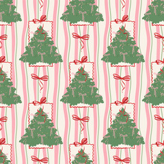 Christmas coquette seamless pattern with pink bow knots, ribbons, preppy Christmas tree. Grandmillennial damask wallpaper, retro winter holiday textile design, print, background. Vector illustration.
