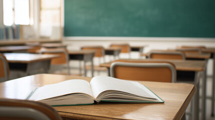 Open book on a wooden desk in an empty classroom with a chalkboard in the background.