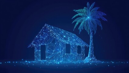 Abstract geometric rendering of a house with a palm tree, glowing blue on dark background