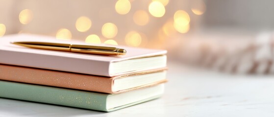 The Stack of Notebooks with Gold Pen on Soft Desk in Warm Light
