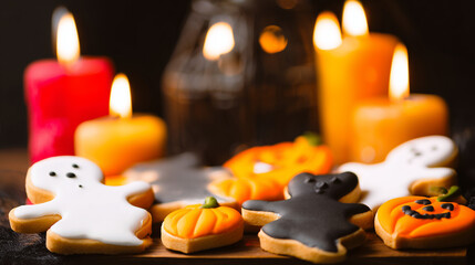 Colorful Halloween-themed cookies shaped like ghosts and pumpkins with glowing candles in the background.