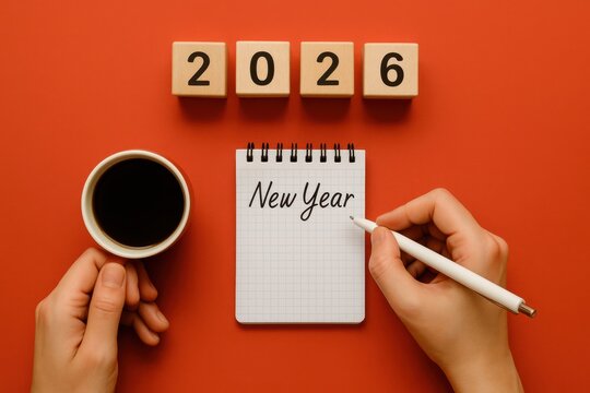 The beginning of a new year is visualized with wooden blocks displaying "2026",  - Powered by Adobe