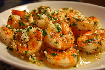 Garlic butter shrimp garnished with herbs served in a white bowl.