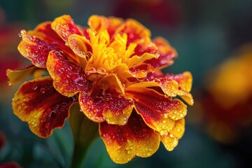 A close-up captures a vibrant bloom, showcasing a mix of orange and red petals with dew