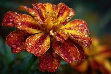 Close-up of a vibrant marigold bloom, covered in sparkling water droplets, with blurred background
