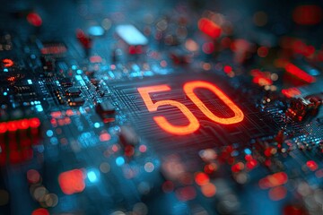 Close-up of an illuminated electronic circuit board with glowing red "50" design