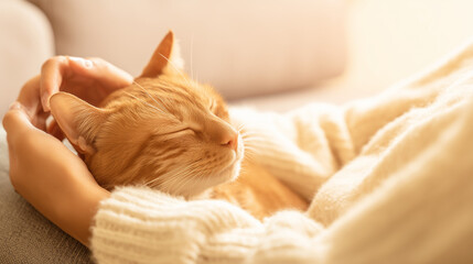 Content orange cat resting in someone’s arms wearing a cozy sweater.