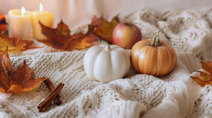Autumn still life with small pumpkins, apples, candles, and fall leaves on a knitted blanket.