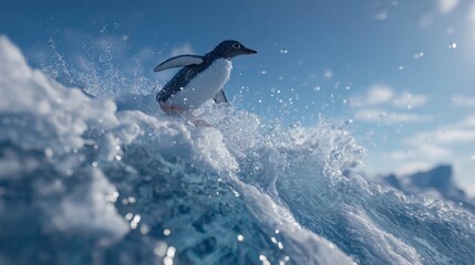 A penguin leaps energetically into the ocean, with the penguin splashing water all around. The penguin lands gracefully, and the ocean waves rise gently as the penguin moves.