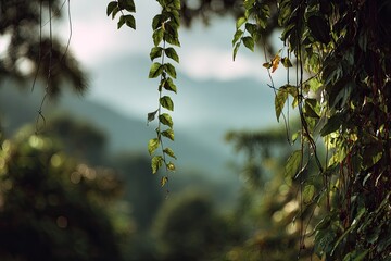 Lush green foliage drapes downward, framing a misty mountain vista in this natural outdoor shot