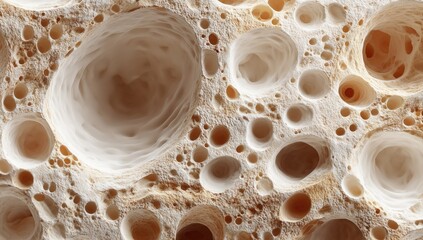 Abstract depiction of porous, spherical shapes of varying sizes and depths, earthy tones