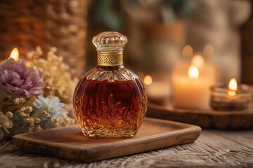 Elegant perfume bottle on a wooden tray with soft focus background of candles and flowers