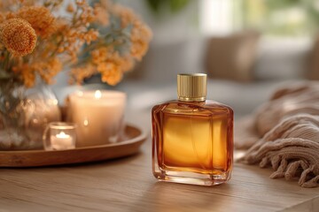 Amber-toned perfume bottle displayed beside candles, florals, and a cozy blanket on wooden surface