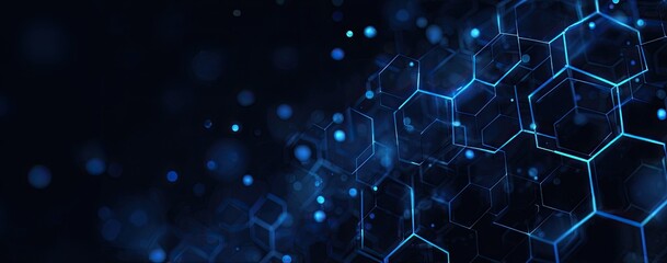Abstract digital background of interconnected glowing blue hexagonal shapes, and bokeh on dark backdrop