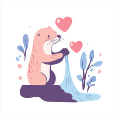 Cute otter enjoying a stream, hearts and foliage