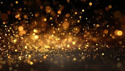 Abstract golden bokeh effect against a dark backdrop, creating a shimmering, festive scene