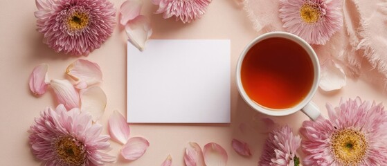 The Blank Card Surrounded by Pink Flowers and Tea on Soft Background