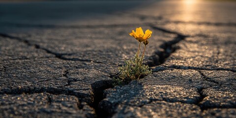 A yellow flower emerges from a cracked asphalt road bathed in golden sunset light