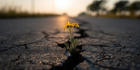 A vibrant yellow flower blossoms from a crack in a cracked, textured road, at sunrise