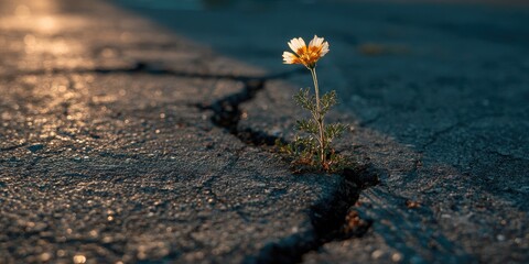 A small flower emerges from a crack in asphalt, symbolizing resilience and growth amidst adversity