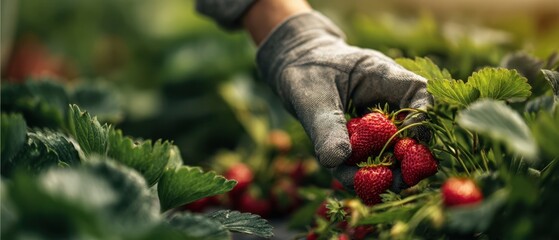 The Strawberries Harvested by a Gloved Hand in a Sunlit Field