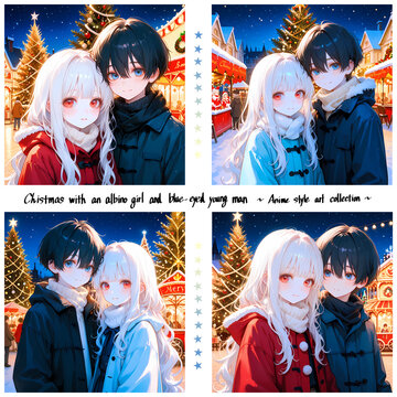 クリスマスの恋人。遊園地でデートするアルビノの少女と碧眼の少年。日本の漫画風のAIイラスト4枚セット