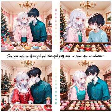 クリスマスパーティーの準備をするカップル。アルビノの少女と碧眼の青年の12月。日本の漫画風のAIイラスト4枚セット