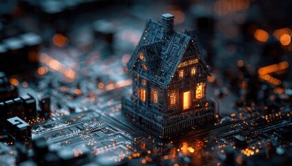 An illuminated miniature house sits on a complex circuit board, showcasing future technology concepts