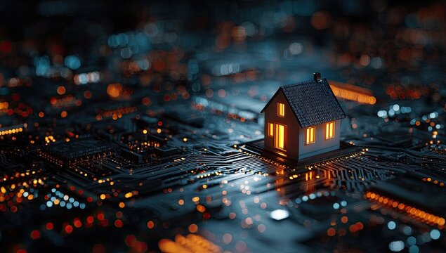 Miniature house with lit windows on a circuit board, symbolizing smart home technology - Powered by Adobe